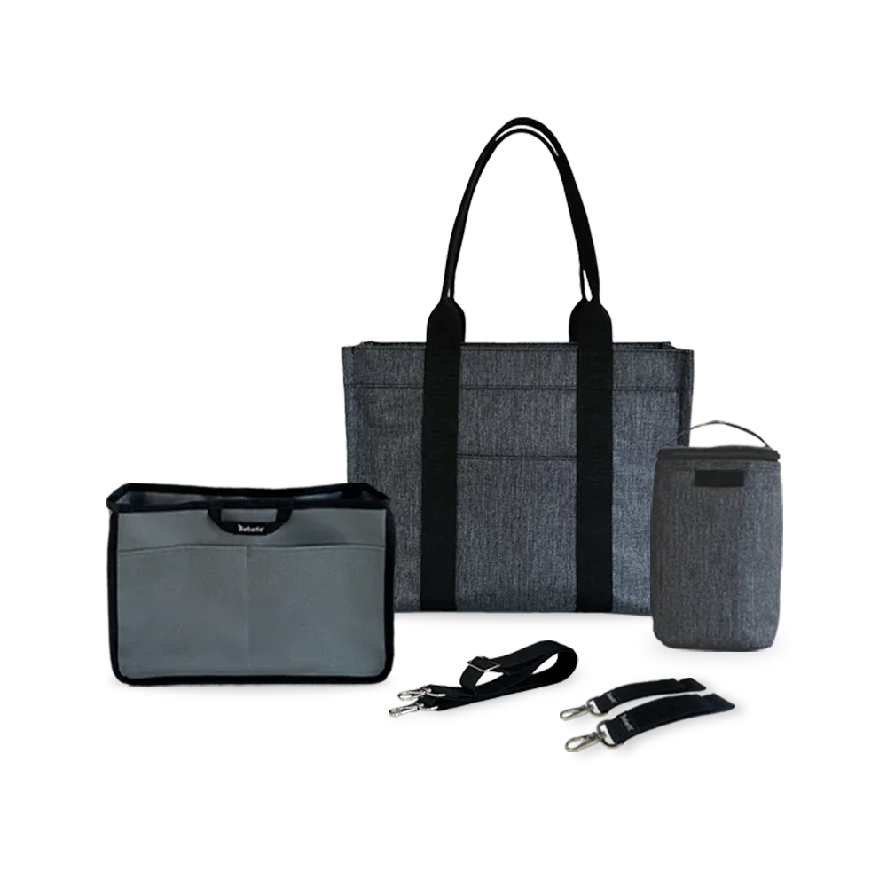 bebefit.eu Organizer Bag Set, includes gray tote bag, organizer insert, bottle holder, and straps
