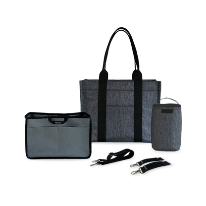 bebefit.eu Organizer Bag Set, includes gray tote bag, organizer insert, bottle holder, and straps